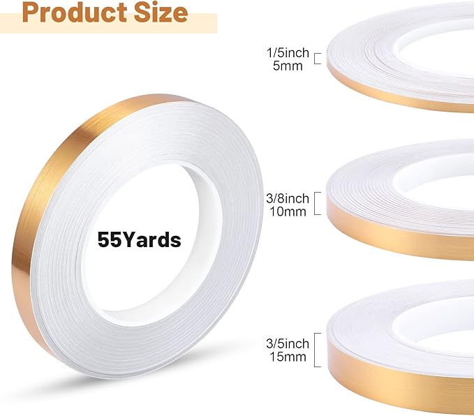 Zonon 3 Sizes Gold Self Adhesive Polyester Film Tape, Gold Washi Tape for Car Furniture Graphic Arts Walls Decor, 55 yds(5/10/15mm)
