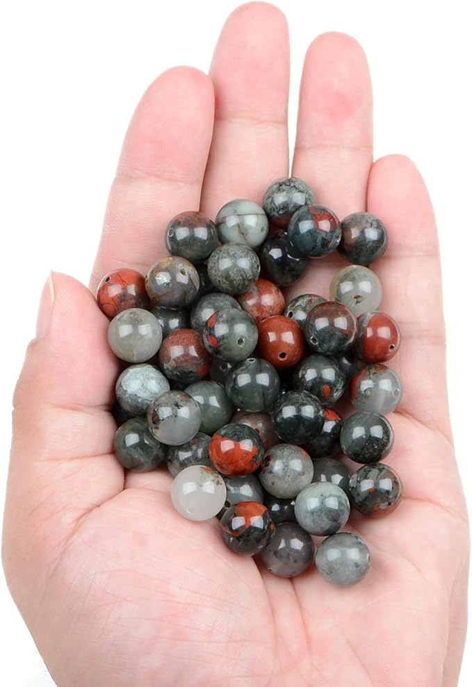 bymitel 90pcs natural crystal beads stone gemstone round energy healing loose beads with stretch cord for jewelry making bracelets anklets (bloodstone, 10mm 90pcs)