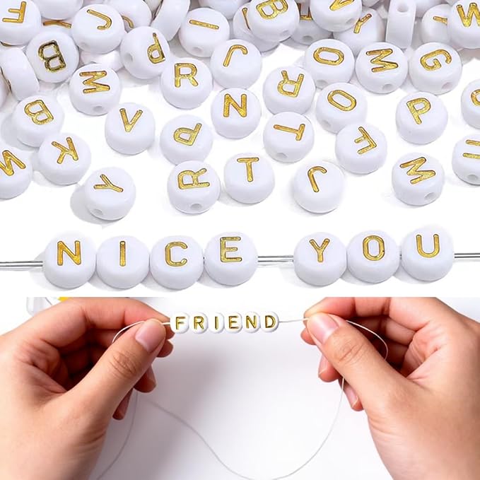 nikkiGuo 1250 PCS Letter Beads Kit with Elastic Cord – Alphabet A–Z, Numbers, Heart, Moon, Star, Smiley Beads for Friendship Bracelets & DIY Jewelry (White Beats & Golden Letters)