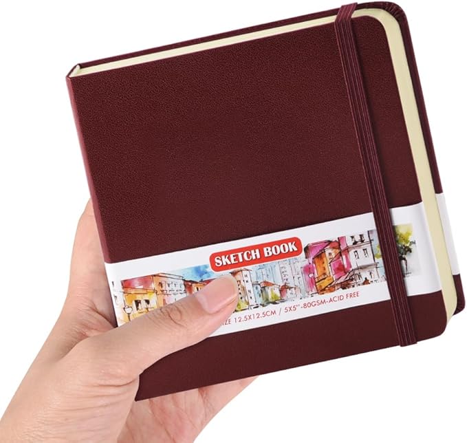 Square 5x5 inches 80gsm 96sheets/192 Pages Notebooks Blank Sketchbooks Travel Journal Pocket Hardcover Paint Writing Diary Memo Planner PU Leather Cover. Dark Red