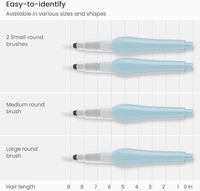 ARTEZA Water Brush Pen, Set of 4, Assorted Soft Nylon Bristle Tips, Self-Moistening Water Brush, Refillable Water Pen
