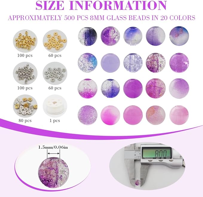 DIPSEOI 8mm Glass Beads for Bracelet Kit - 900 Pcs Jewelry Making Kits Bead DIY with Spacer Charms (Purple Series)