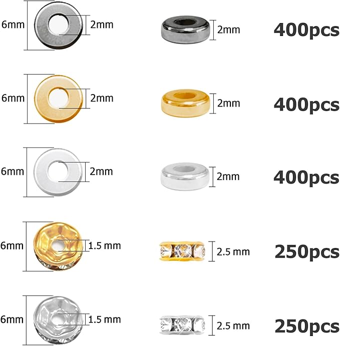 6mm Flat Round Spacer Beads, Clay Beads for Bracelets Making Kit, Heishi Polymer Flat Disc Spacer Beads for Jewelry Making, Clay Beads for Jewelry Making Gold Beads Silver (1700pcs(500Rhinestone))