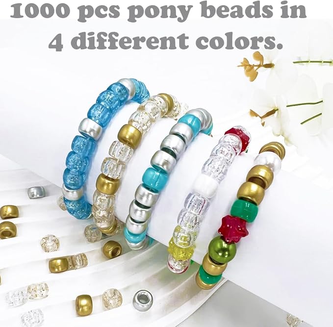 MIIIM 1000PCS 6x9mm Golden and Silver Pony Beads Bulk, 4 Styles Golden Silver and Glitter Kandi Beads for Bracelets Making Kit, Hair Braids Crafts for Jewelry Making (Golden and Silver)