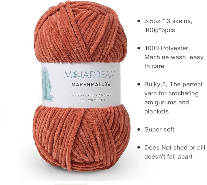 Marshmallow Yarn 3PCS 3.5oz Soft Chenille Yarn for Amigurumi Baby Blanket Yarn: No Shedding Soft Easy to Knitting and Crocheting Bulky 5# Yarn 3 Skeins of 100g (Brown)