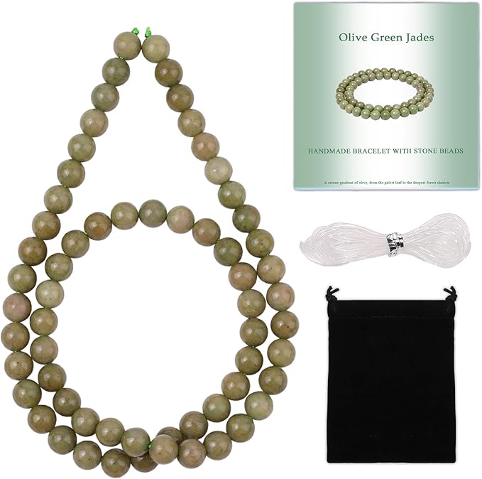 Stone Beads, 60pcs Olive Green Jades, 6mm Round Loose Beads for Jewelry Making, Bracelets, with Bag, String & Card