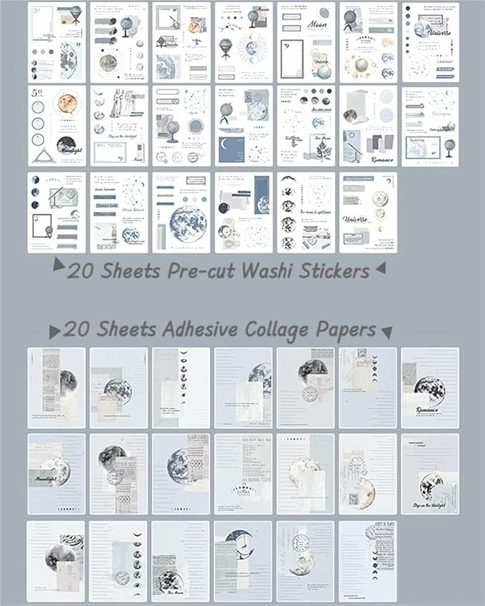 40 Sheets Vintage Washi Stickers Book for Adults, Scrapbook Ephemera with 180pcs Moon Stickers and 20 Adhesive Scrapbooking Papers, Bullet Junk Journaling Supplies