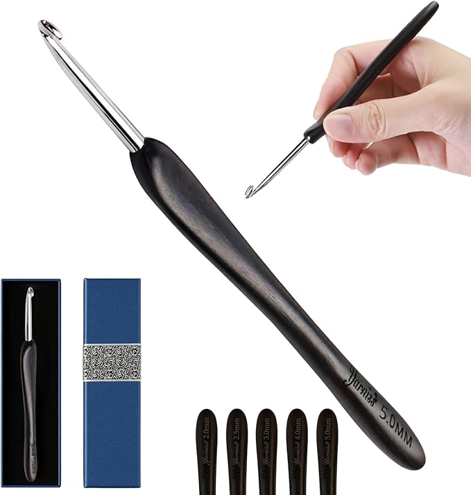 Yarniss 5.0mm Steel Crochet Hook with Ebony Wooden Handle,Handmade Inline Crochet Hook with Pointed Head,Comfortable Crochet Needle with Case