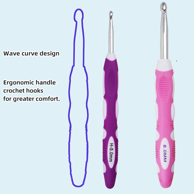 5mm 8mm Crochet Hook, Smooth Metal Head and Soft Rubber Grip Extra Long Ergonomic Crochet Hooks for Arthritic Hands, Beginners and Crochet Enthusiast