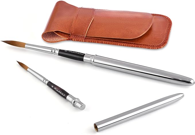 Sable Travel Watercolor Brushes, Fuumuui 4pcs Kolinsky Sable Watercolor Travel Brushes with Leather Pouch - Fine Point Rounds Dagger Flat for Watercolor Gouache Ink Painting