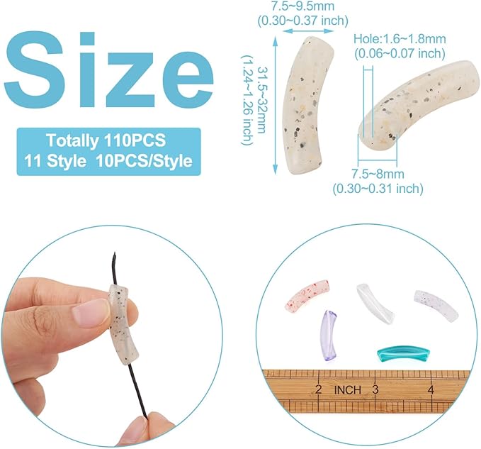 Crafans 110Pcs Transparent Acrylic Tube Beads 11 Style Long Noodle Tube Beads Curved Tube Beads Bamboo Tube Beads for Bamboo Bangles Bracelet Tube Beads Jewelry Making