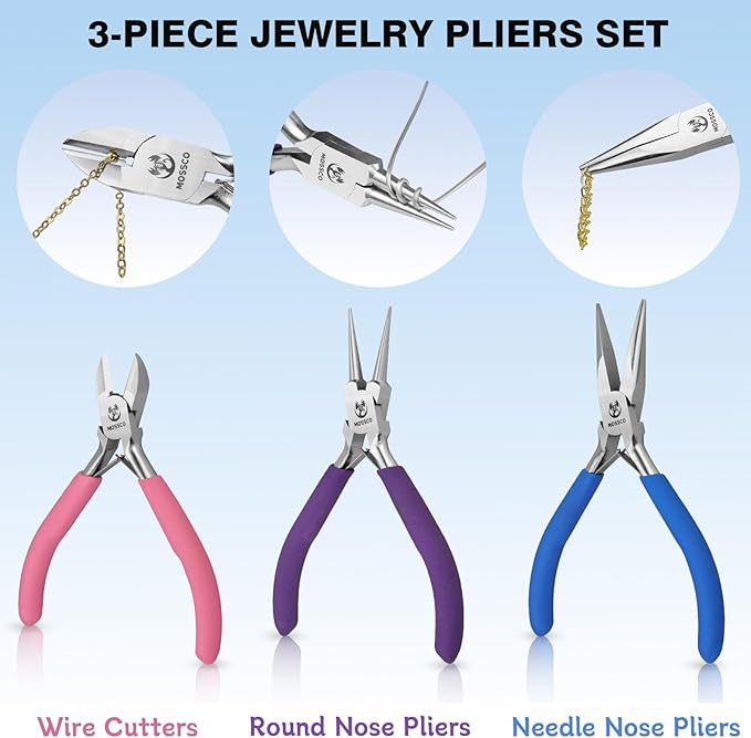 mossco jewelry pliers set, 3pcs jewelry making tools kit - round nose, needle nose and wire cutters for jewelry making, beading, wire wrapping, diy crafts and jewelry repair with carrying pouch