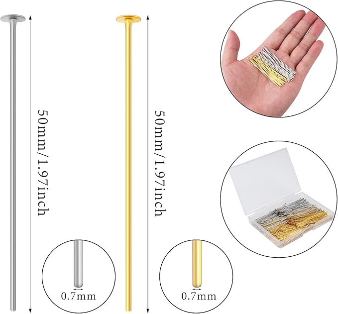 200 Pcs 50mm Straight Head Pins for Craft Earring Bracelet Necklace Pendant DIY Jewelry Making, Platinum & Gold Color