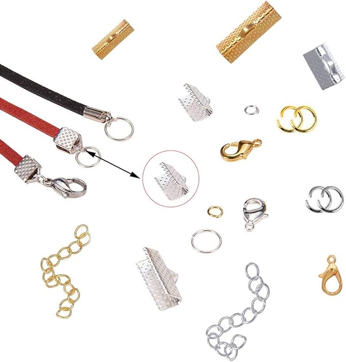 EuTengHao 440Pcs Ribbon Bracelet Kit Bookmark Pinch Crimp Ends Jewelry Findings Supplies Includes Ribbon Ends Crimps Lobster Clasps Open Jump Rings and Chain Extenders (Gold and Silver)