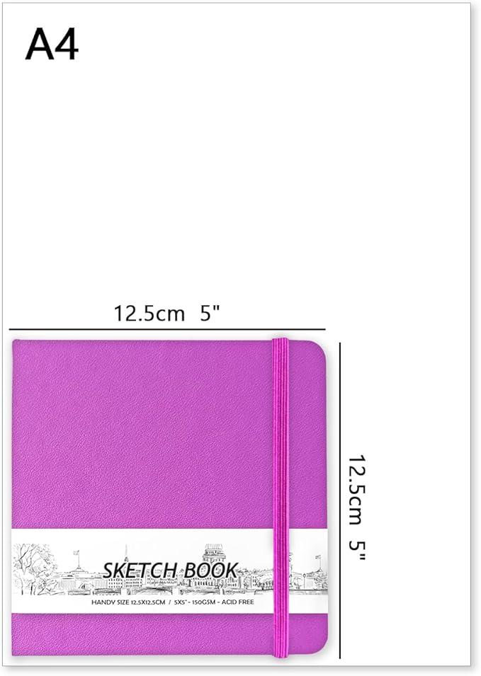 5" x 5" Hardcover Sketch Book,Small Mixed Media Sketch Pad,58 Sheets 150GSM Acid-Free Artist Drawing Paper,Travel Journal Blank Notebook for Adults Painting,Illustration,Art Supplies.Rose Purple