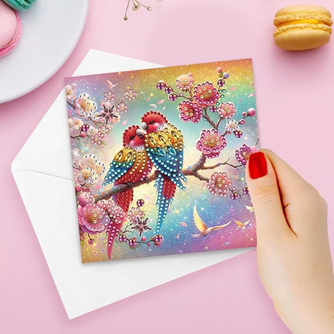 6 Pack 5D DIY Diamond Painting Parrot On Tree Greeting Card Kit, Diamond Art Christmas Birthday Holiday Greeting Card, Art Crafts Kit Creative Gift with Envelope
