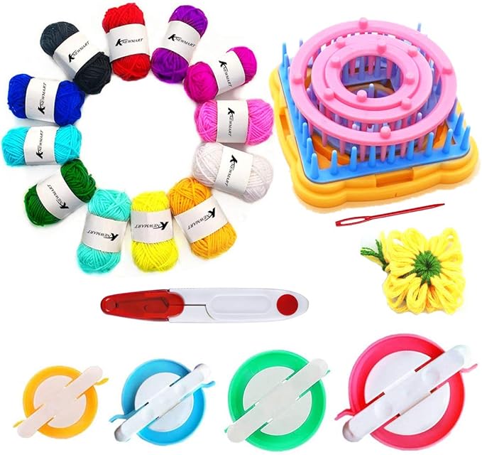 Knewmart Weaving Loom Kit, 8pcs Flower Maker Wool Knitting Ball Maker Weaving Tools Knitting Craft Weaver Loom - with Needle (Flower Maker + Pom Maker + Yarn + Scissors)