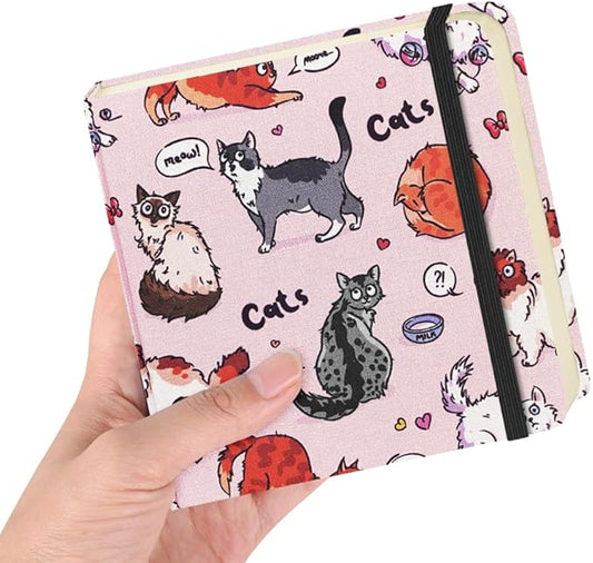 Square 4.8x4.8 inches 80gsm 96sheets/192 Pages Notebooks Blank Sketchbooks Travel Journal Pocket Hardcover Paint Writing Diary Memo Planner Cloth Cover. Pink Cat