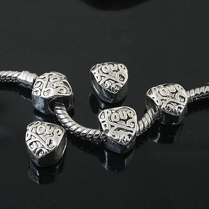 RUBYCA 50pcs Tibetan Silver Tone Spacer Beads Fit European Charms Bracelet HRUBYCA With Love Design