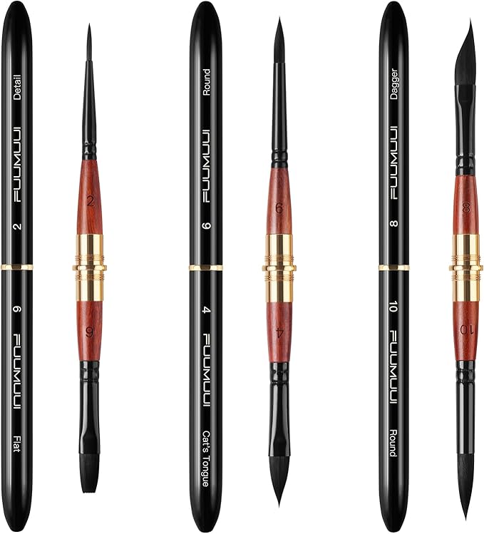 Dual Tip Travel Watercolor Brushes, Fuumuui 3pcs Synthetic Squirrel Hair Set of 6 Versatile Tips with Leather Pouch Perfect for Watercolor Gouache Ink Painting