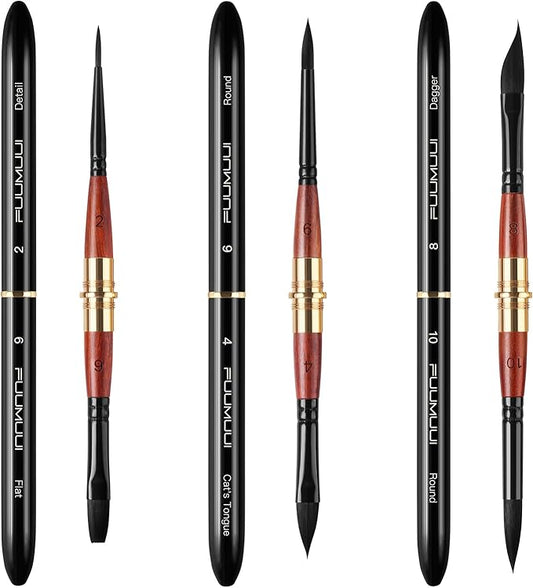 Dual Tip Travel Watercolor Brushes, Fuumuui 3pcs Synthetic Squirrel Hair Set of 6 Versatile Tips with Leather Pouch Perfect for Watercolor Gouache Ink Painting