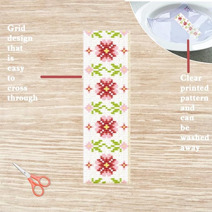 FREEBLOSS 6 PCS Cross Stitch Bookmark Kits for Beginner Stamped Cross Stitch Kit DIY Embroidery Bookmark Kit with Instructions, Flower and Leaves Pattern 8" x 2.4"
