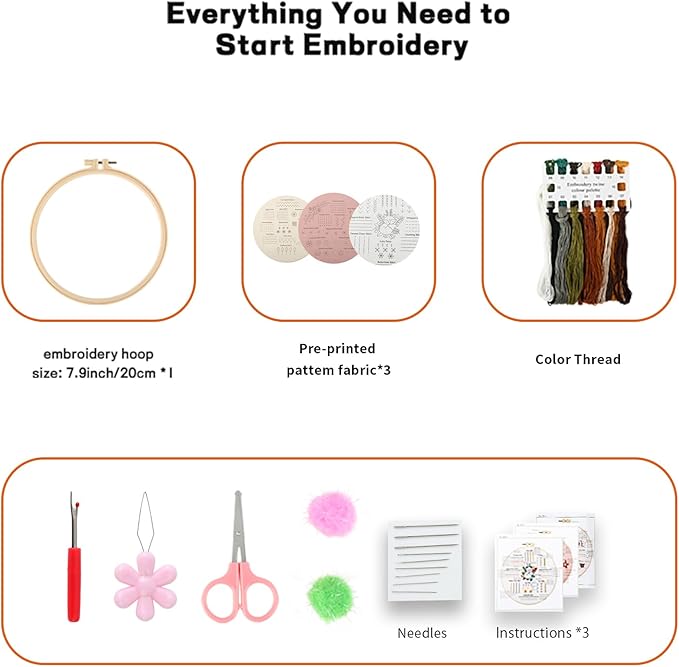 JOINRUN Beginner Embroidery Kit for Adults, 3 Pack Cross Stitch Kits with Pre-Printed Patterns, Threads, Needles, Learn Stitches with 7.8" Hoop, Video Tutorial, DIY Needlework Craft Gift for Women