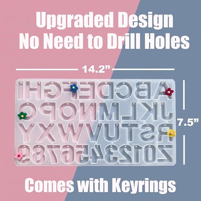 Resin Letter Molds with Holes & 40 Keychain Rings (20 Gold & 20 Silver) for Keychain Making, Reversed Alphabet Silicone Mold A-Z, Large Epoxy Letter Casting Mold Kit for DIY Crafts - Upgraded Design