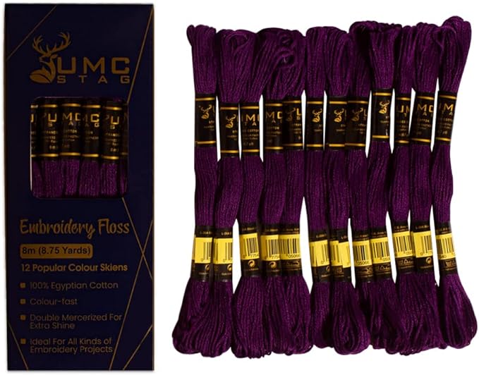 12 Pieces Dark Purple Violet 102/550 Premium Embroidery Thread Egyptian Cotton Skeins Cross Stitch Floss Oeko TEX Stranded Dark Purple 102
