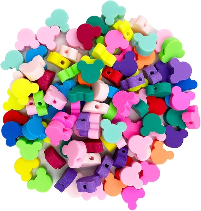 100 Pcs Polymer Clay Mouse Head Loose Spacer Beads, 10mm Mixed Color Cute Beads Charms for Women DIY Hair Clip Necklace Bracelet Jewelry Earring Handmade Craft Making
