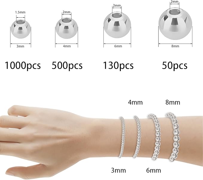 1680pcs Silver Round Spacer Beads 3/4/6/8mm 4 Size Smooth Ball Beads for Jewelry Making Metal Circle Bead for Bracelet Necklace Earring Making Supply