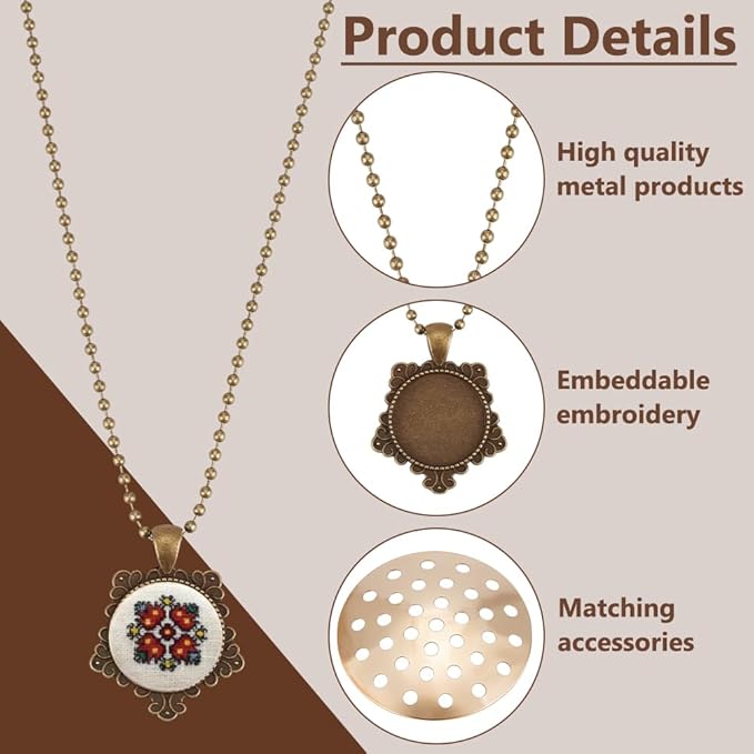 FREEBLOSS 10 Set Round Bezel Pendant Trays Necklace Blank Pendant Frame for Embroidery Vintage Tray Charm DIY Jewelry Making Kit for Necklace DIY Embroidery Necklaces Needlepoint