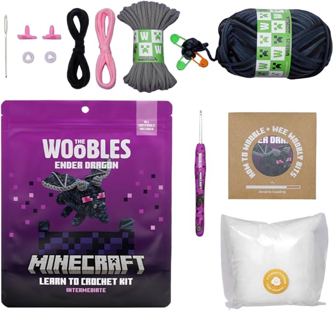 The Woobles Minecraft Crochet Kit – Beginner Crochet Kit for Adults & Kids, Easy Knitting Kit with Woobles Yarn, DIY Crafts, Crochet Animals, Minecrafts, Gift for Gamers & Crafters (Ender Dragon)