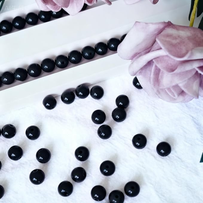 Jabrand 100pcs Black Beads, 8mm Porcelain Beads for Jewelry Making Round Ceramic Bead Unique Vintage Bead for Craft Beading Kit Bracelets DIY Decor