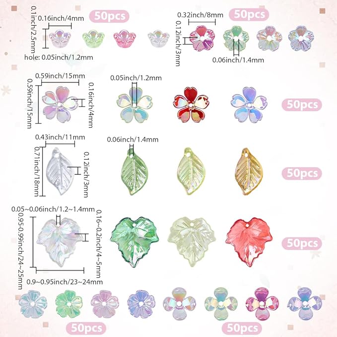 350Pcs Acrylic DIY Flower Leaf Beads Kits Including Assorted AB Color Plated 5-Petal Floral Acrylic Bead Caps Maple Leaf Pendants Charms for Earring Bracelet Necklace Craft Jewelry Making