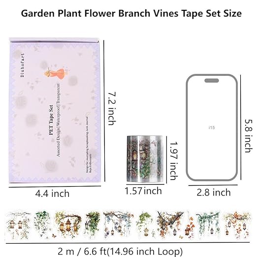 Holographic Garden Plant PET Tape Stickers for Journaling and Scrapbooking, 6 Rolls Precut Flower Branch Vines Decorative Tapes for Junk Journal Supplies, Bujo, Planners, DIY Crafts