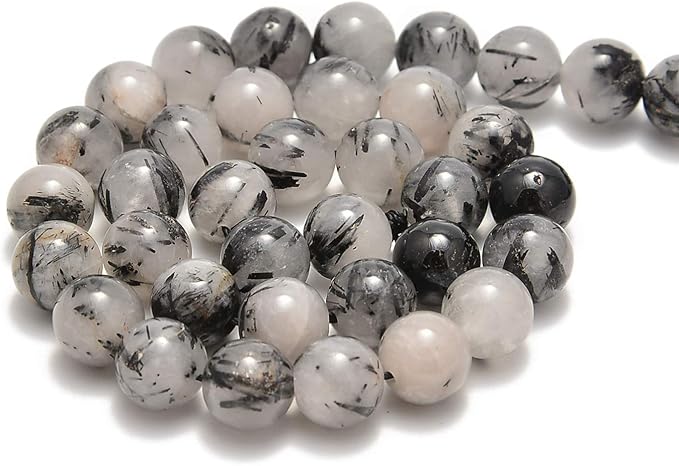 36pcs 10mm Natural Black Tourmalinated Rutilated Quartz Gemstone Round Spacer Loose Stone Beads for Jewelry Making 15.5" 1 Strand (Black Tourmalinated Rutilated Quartz, 10mm 36Beads)