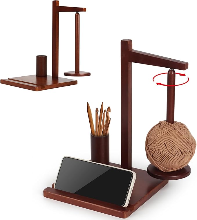 YIK TUNG Wooden Yarn Holder and Spinner for Crochet and Knitting,Magnetic Yarn Holder Rack Stand with 360° Rotation,Phone Stand,Crochet Hook Storage,Ideal Gift for Knitting Lovers,Women,Mom,Grandma