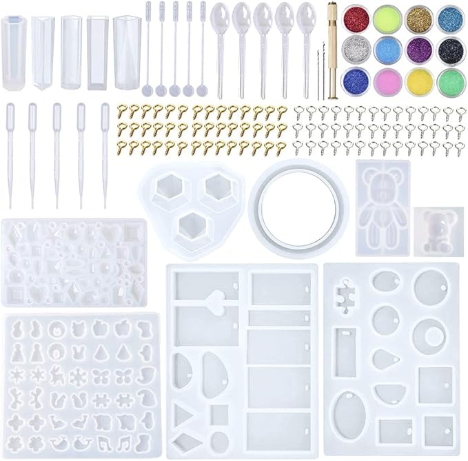 EuTengHao 229Pcs DIY Jewelry Casting Molds Tools Set More Than 120 Designs Contains 8 Silicone Jewelry Resin with 70 Designs,1 Earring Molds with 25 Designs,2 Necklace Bear Molds,3 Diamonds Mold