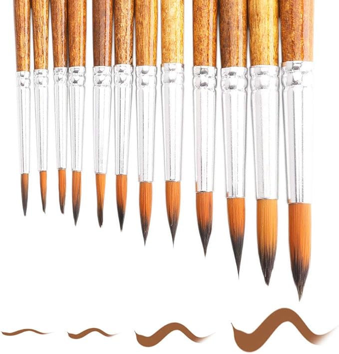 Artist Watercolor Paint Brushes, Round Pointed Tip Paint Brushes Set, 12pcs Different Sizes Detail Paint Brush for Watercolor, Acrylics, Ink, Gouache, Oil, Tempera (Brown)