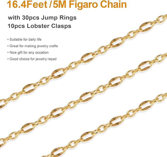 Kyutong Gold Plated Stainless Steel Jewelry Chain Roll on Bulk 5 Meters Long Cable Necklace Chains with Connectors for Jewelry Craft DIY