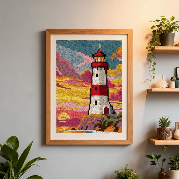 ORIGACH Lighthouse Latch Hook Rug Kit for Adults Printed Rug Making Kit Handmade Carpet Tapestry Cover with Hook Latch and Preprinted Canvas, Home Arts Crafts Sofa Decor, 20.5x15inch