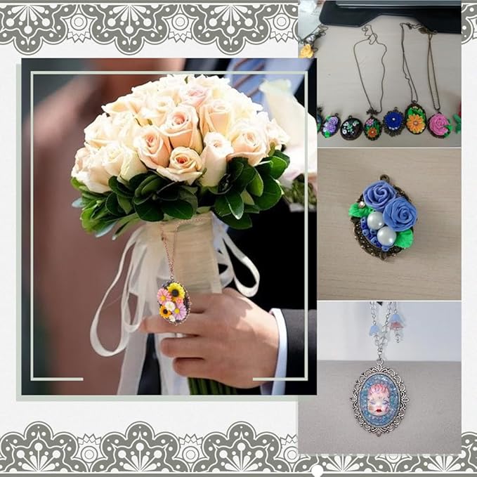 PH PandaHall 20pcs Pendant Trays Kit, 10pcs Oval Blank Bezel Pendant Settings, 10pcs 40x30mm Glass Cabochon Dome Tiles for Bridal Wedding Photo Charm Bouquet Graduation Making DIY
