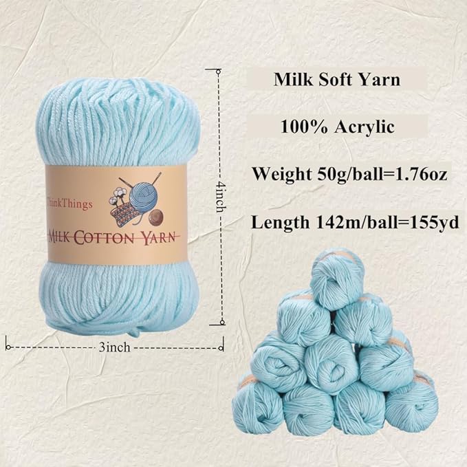 Acrylic Yarn for Crocheting & Knitting - Bulk Pack of 10 Balls, 17.6 Ounces, Light Blue Cotton Yarn - Perfect for Beginners