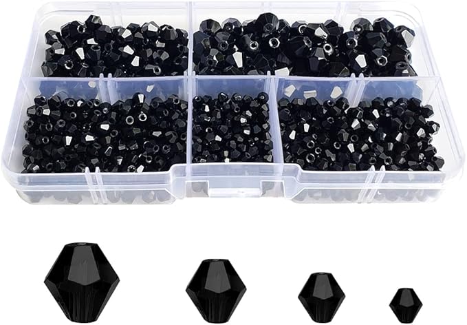 Black Bicone Glass Beads for Jewelry Making, Faceted Crytal Spacer Beads for Bracelet Necklace Earring (3mm 4mm 6mm 8mm Mixed Sizes, 1040pcs)