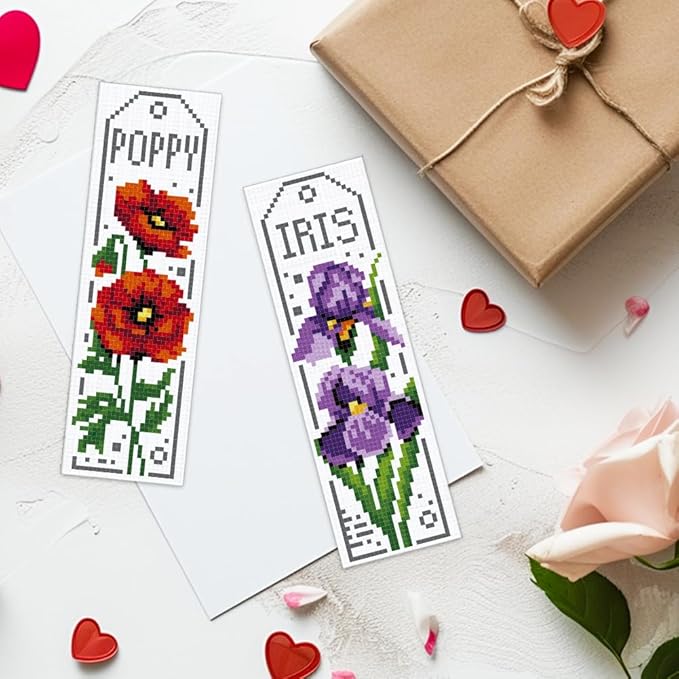 ACRNIGHEET 6PCS Cross Stitch Bookmark Kits for Beginner Flower Crossstitch Kits Adult Rose Daisy Lily Stamped Embroidery Bookmarks with Accessories for Adults Craft Gift 11CT