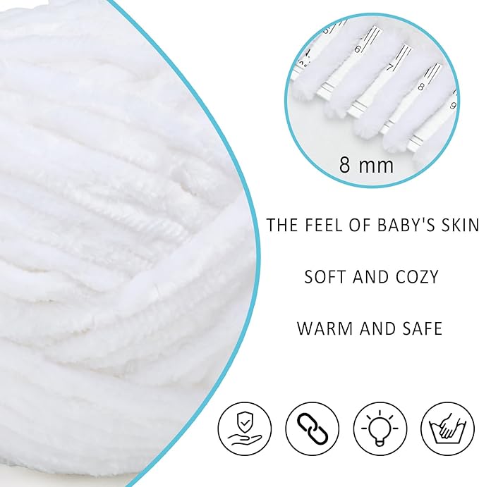 Velvet Yarn Chenille Yarn for Crocheting and Knitting Soft Chenille Bulky Baby Blanket Yarn DIY Weaving Craft 2pack White(4oz 66yds Each)