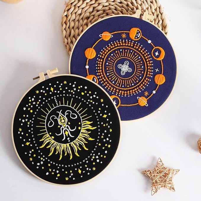 konrisa 3 pcs stamped embroidery starter kit for adults beginners, universe planet pattern cross stitch kits, diy sewing practice kit, needlepoint kits include 1pcs hoops, hanging decoration for home