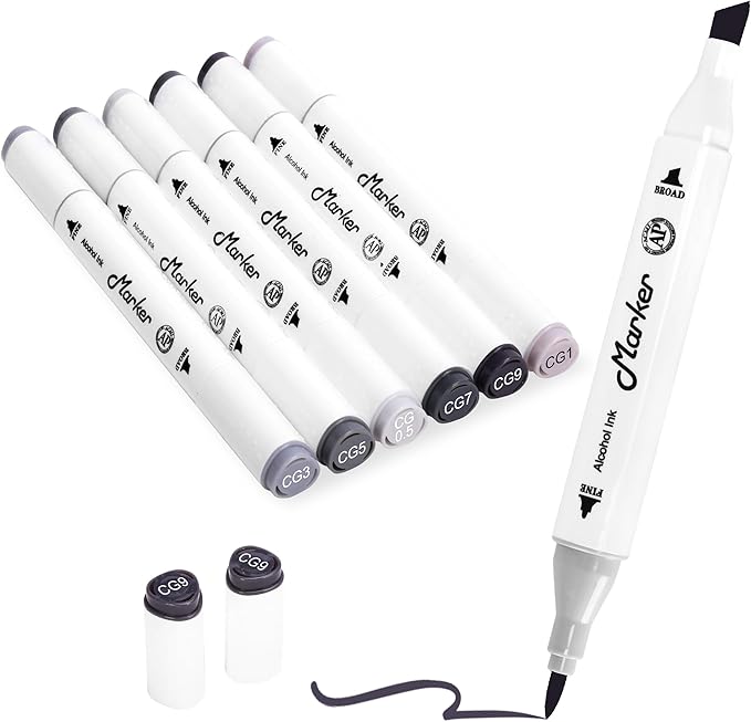 Grey Gray Alcohol Markers, 6 Pack Dual Tips Soft Fine Tip and Broad Tip Permanent Art Marker for Artists Adults Coloring Drawing Illustration Sketching Painting (Grey)