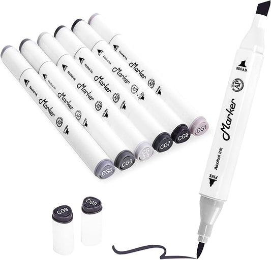 Grey Gray Alcohol Markers, 6 Pack Dual Tips Soft Fine Tip and Broad Tip Permanent Art Marker for Artists Adults Coloring Drawing Illustration Sketching Painting (Grey)